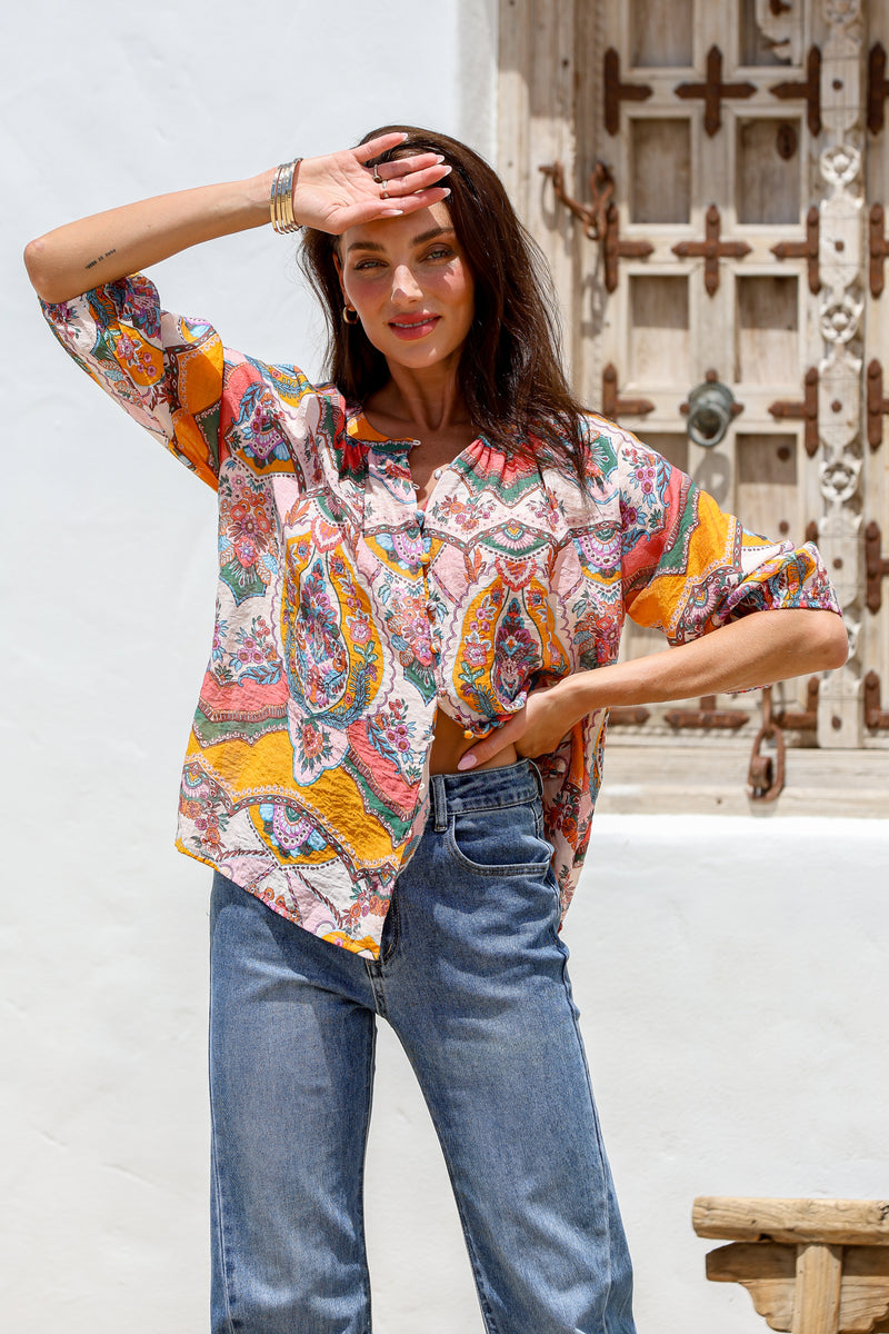Malta Blouse Top - Pink and Mango Paisley print