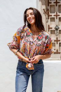 Malta Blouse Top ~ Pink and Mango Paisley print