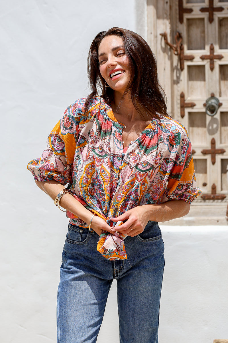 Malta Blouse Top - Pink and Mango Paisley print