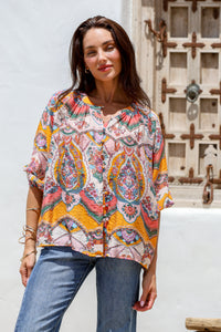 Malta Blouse Top ~ Pink and Mango Paisley print