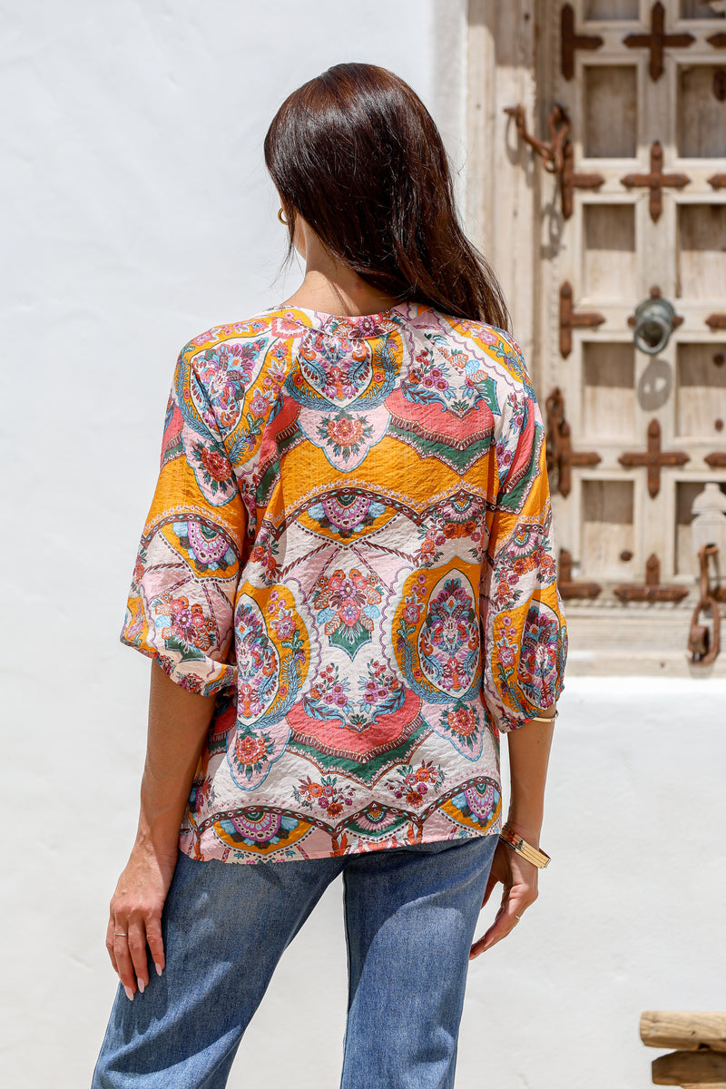 Malta Blouse Top - Pink and Mango Paisley print