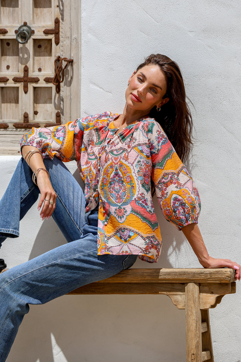 Malta Blouse Top - Pink and Mango Paisley print