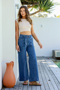 Indiana Stretch Wide Leg Belted Jean ~ Mid Blue