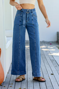 Indiana Stretch Wide Leg Belted Jean ~ Mid Blue