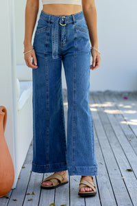 Indiana Stretch Wide Leg Belted Jean ~ Mid Blue