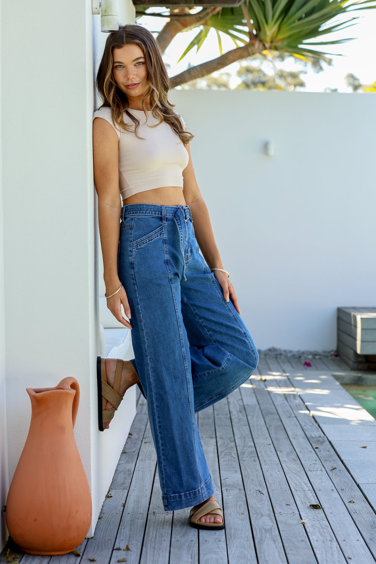 Indiana Stretch Wide Leg Belted Jean ~ Mid Blue