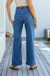 Indiana Stretch Wide Leg Belted Jean ~ Mid Blue