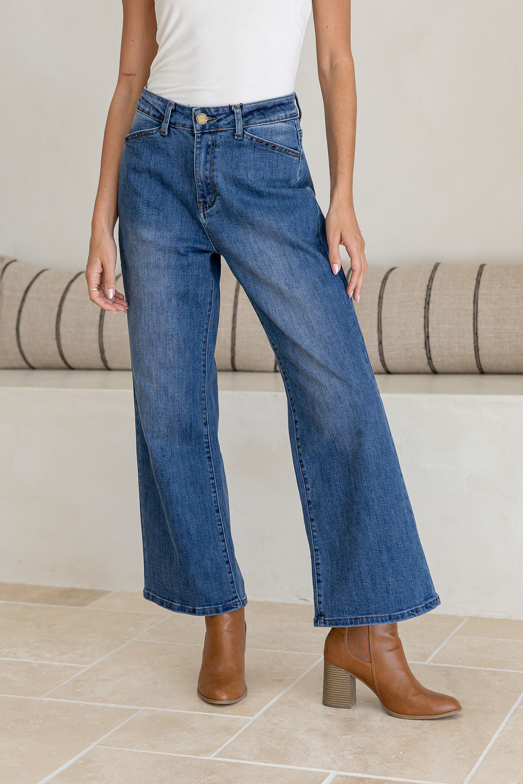 Montana Wide Leg Crop Pocket Jeans ~ Mid Blue