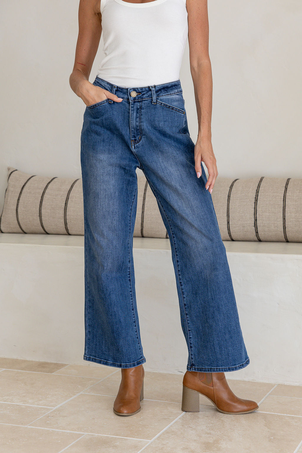 Montana Wide Leg Crop Pocket Jeans ~ Mid Blue