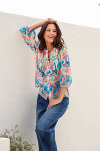 Malta Blouse Top ~ White Garden print