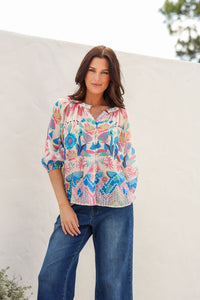 Malta Blouse Top ~ White Garden print