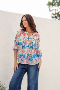 Malta Blouse Top ~ White Garden print