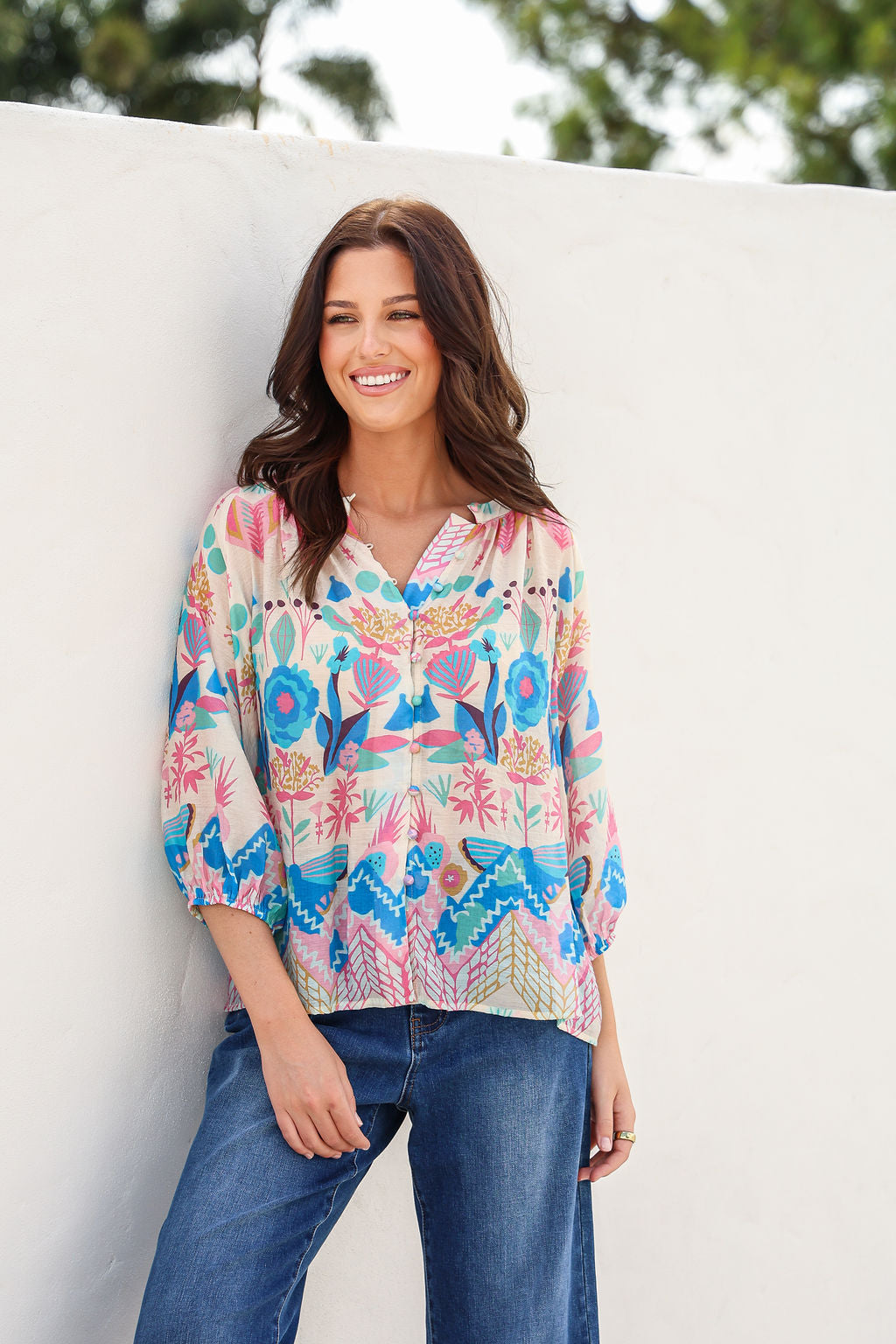 Malta Blouse Top ~ White Garden print
