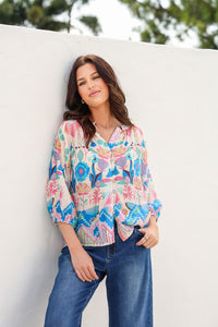 Malta Blouse Top ~ White Garden print