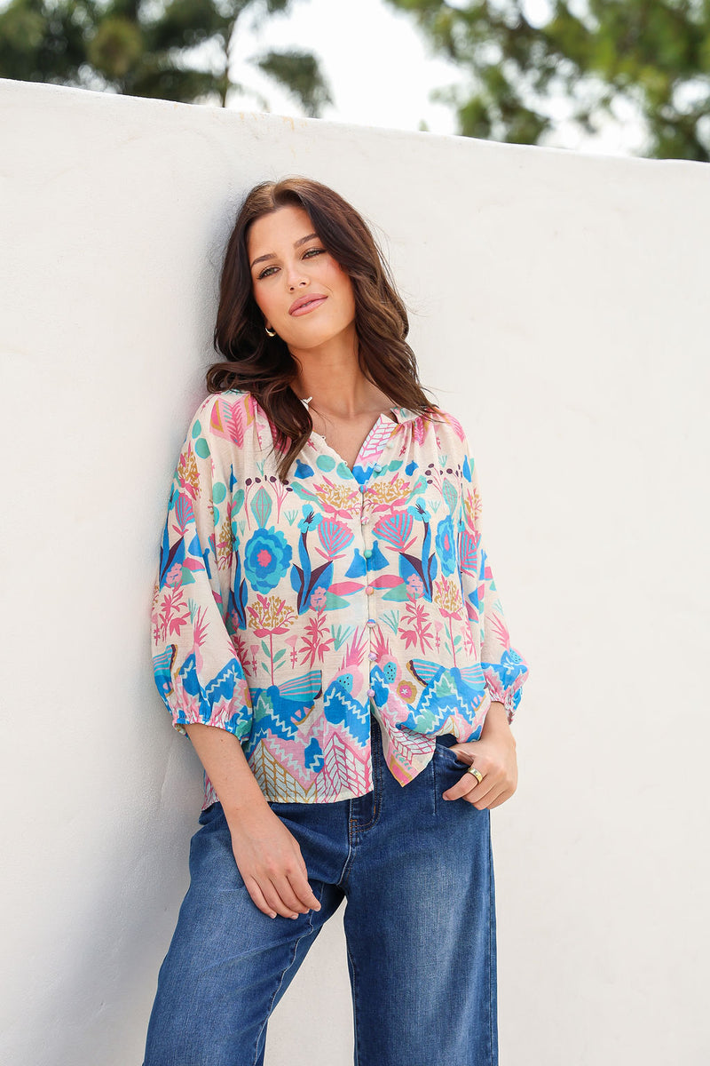 Malta Blouse Top - White Garden print