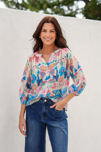 Malta Blouse Top ~ White Garden print
