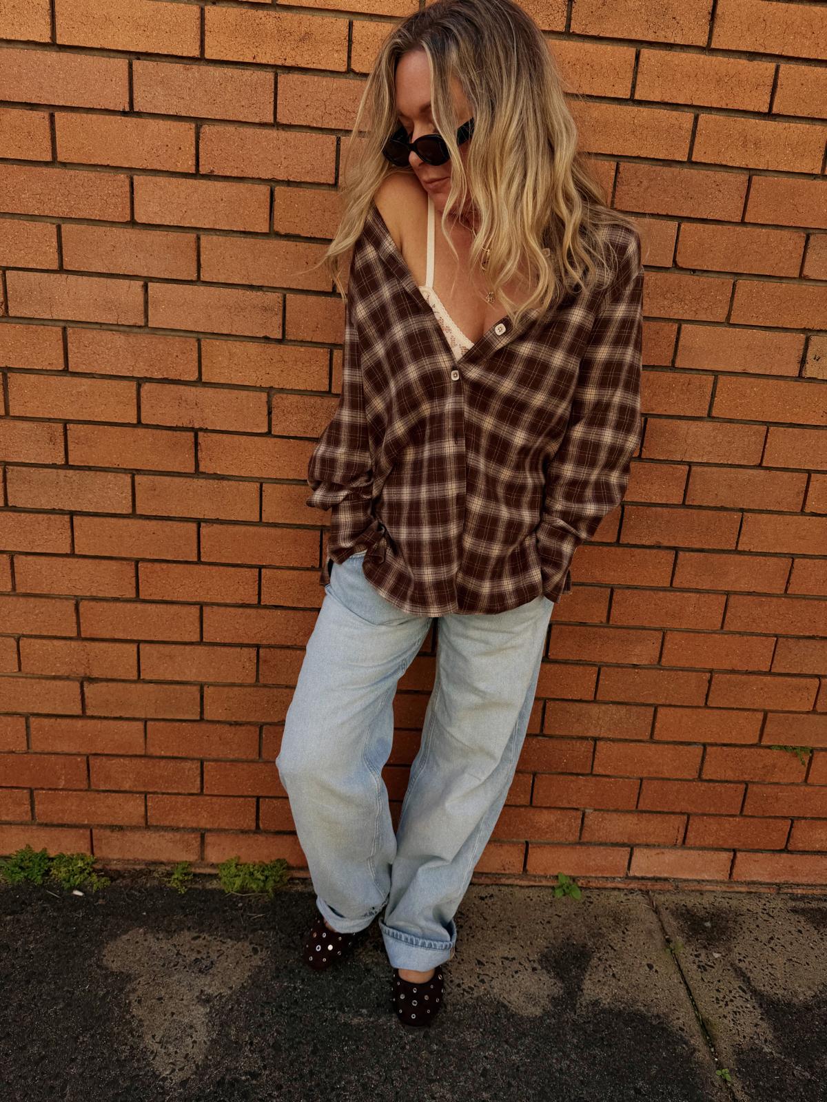 jaase canyon austin flannel shirt chocolate kenzietenzie model with top undone to make top go off shoulder