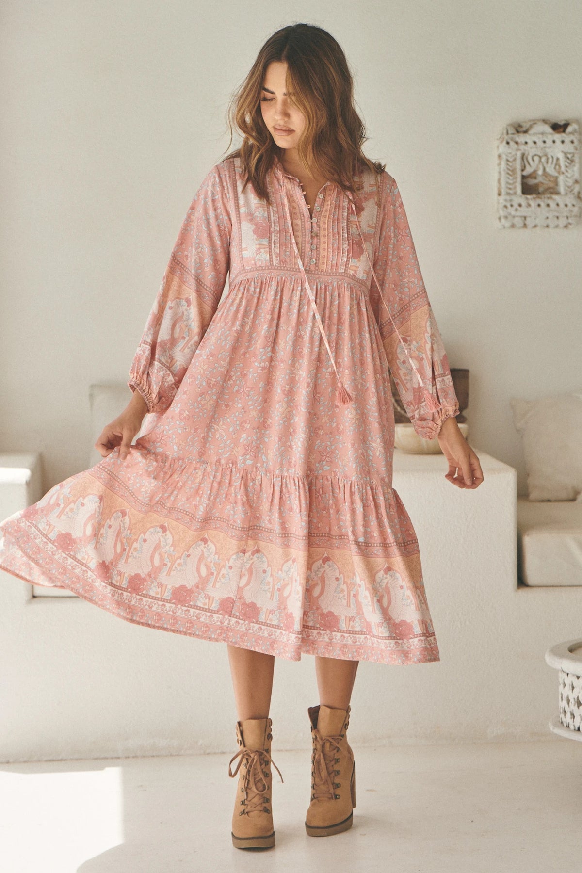 Ezra Midi Dress Swan Lake Peony Pink Print