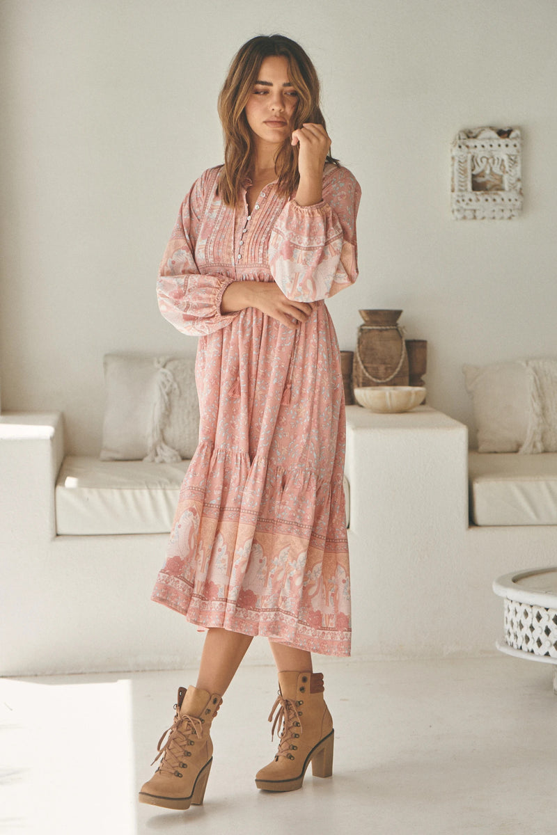 Ezra Midi Dress Swan Lake Peony Pink Print