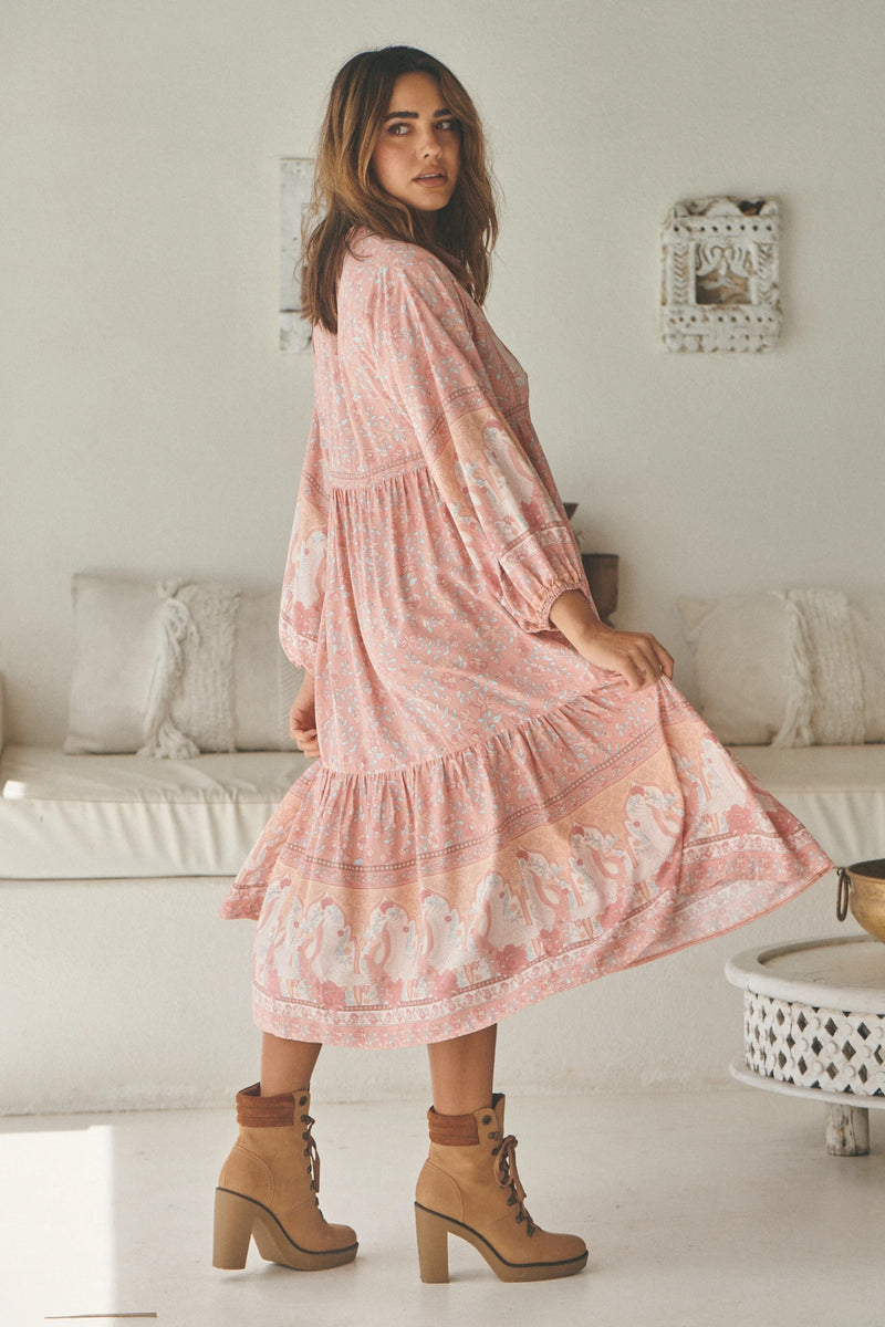 Ezra Midi Dress Swan Lake Peony Pink Print
