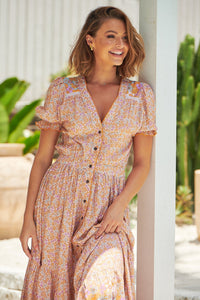 Jaase Jean Maxi Dress Forget Me Not print – close-up model shot showing front of dress