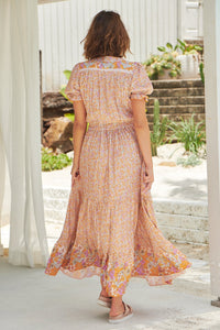 Jaase Jean Maxi Dress Forget Me Not print – model full length back view