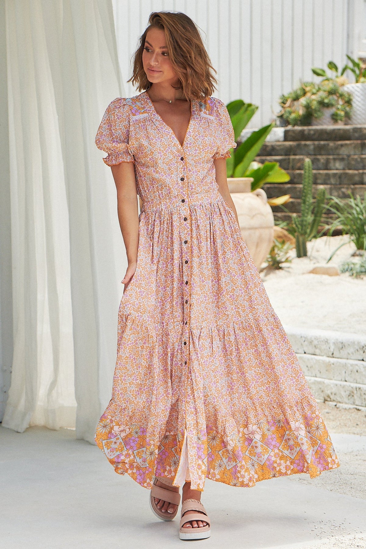 Jaase Jean Maxi Dress Forget Me Not print – model full length front view