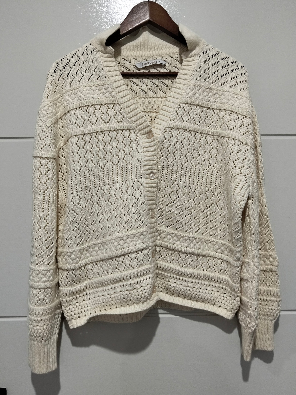 Cloud Dancer Crochet Cardigan natural cream – flat lay front view