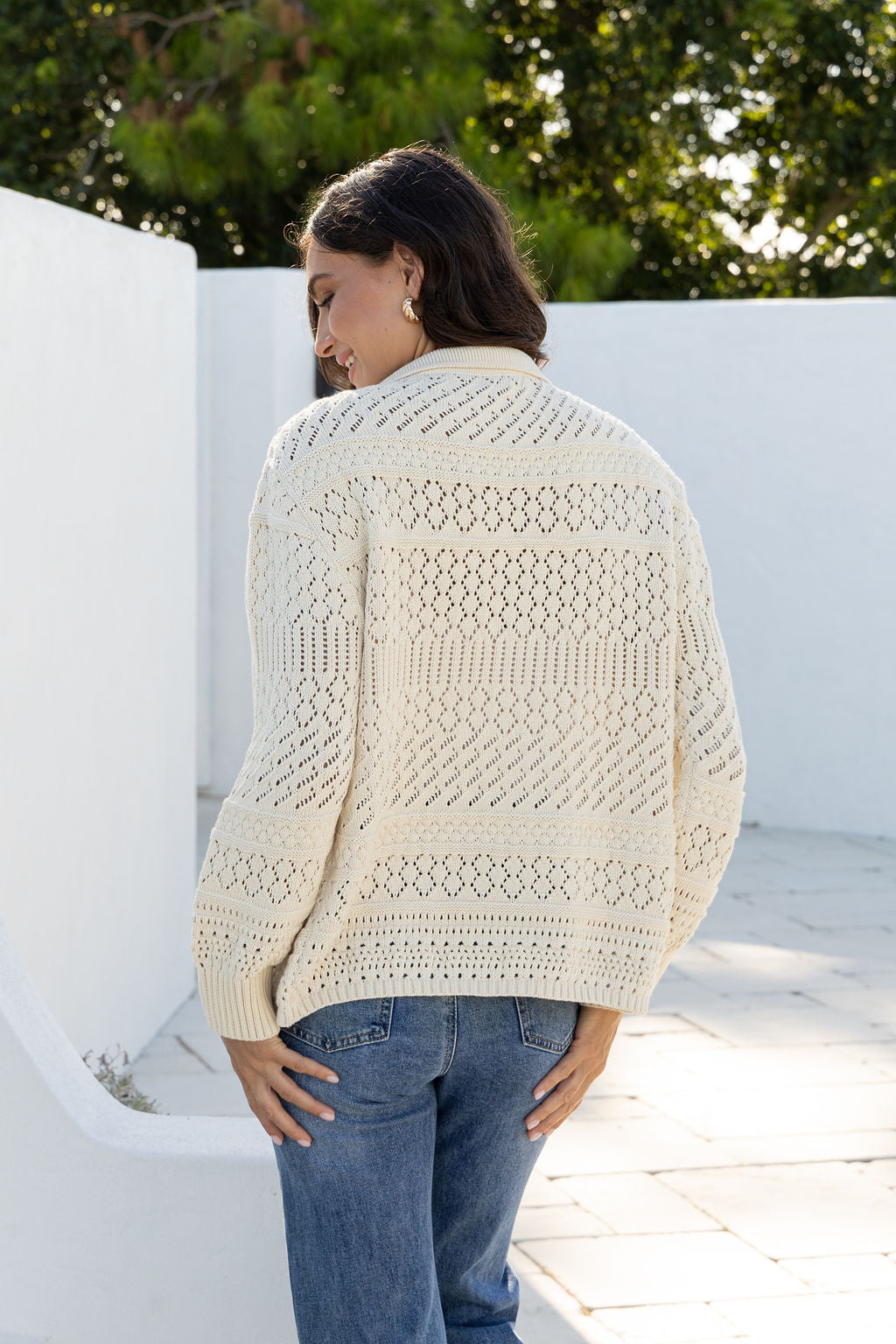 Cloud Dancer Crochet Cardigan natural cream – model back view