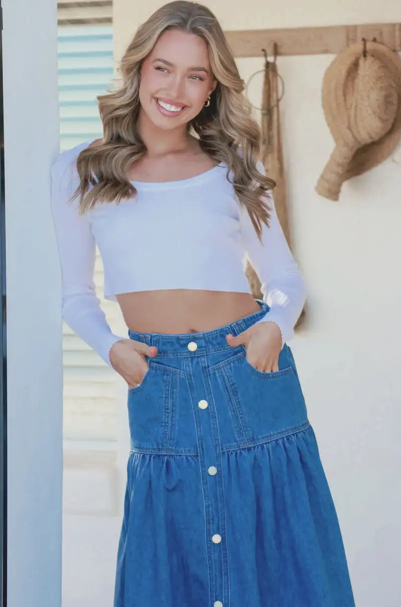 Kentucky Denim Button Front Maxi Skirt Mid Blue Kenzie Tenzie