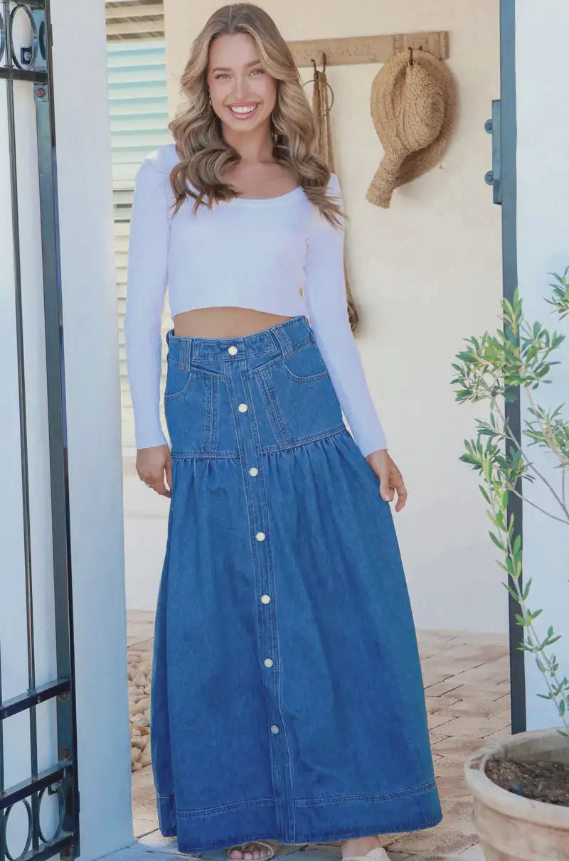 Kentucky Denim Button Front Maxi Skirt Mid Blue Kenzie Tenzie