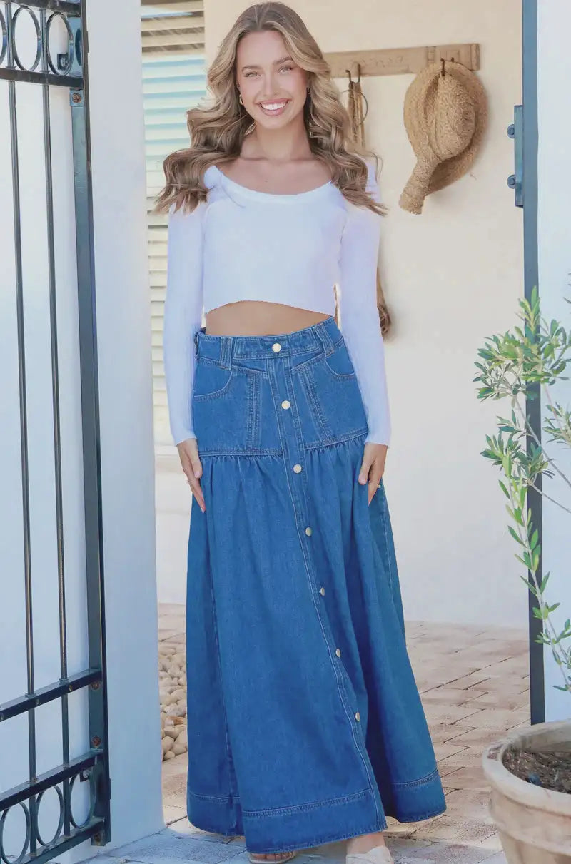Kentucky Denim Button Front Maxi Skirt Mid Blue Kenzie Tenzie