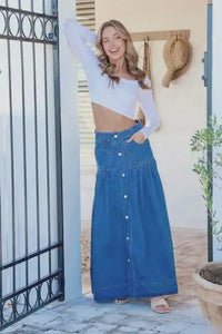 Kentucky Denim Button Front Maxi Skirt Mid Blue Kenzie Tenzie