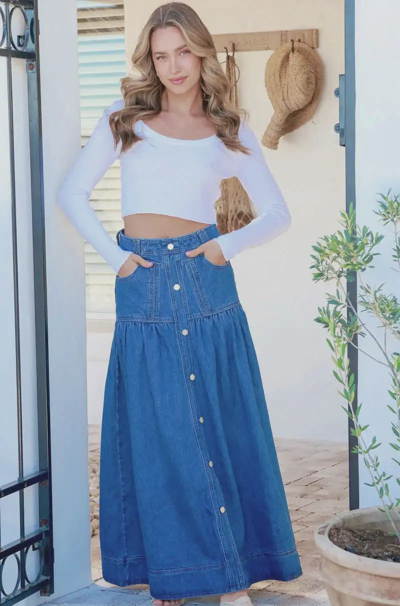 Kentucky Denim Button Front Maxi Skirt Mid Blue Kenzie Tenzie