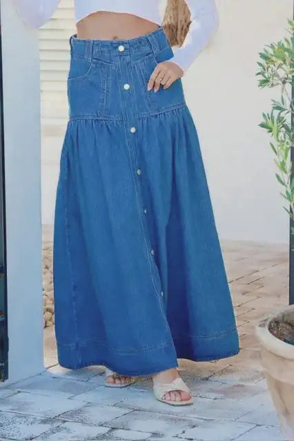 Kentucky Denim Button Front Maxi Skirt Mid Blue Kenzie Tenzie