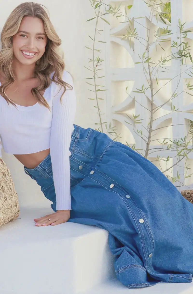 Kentucky Denim Button Front Maxi Skirt Mid Blue Kenzie Tenzie