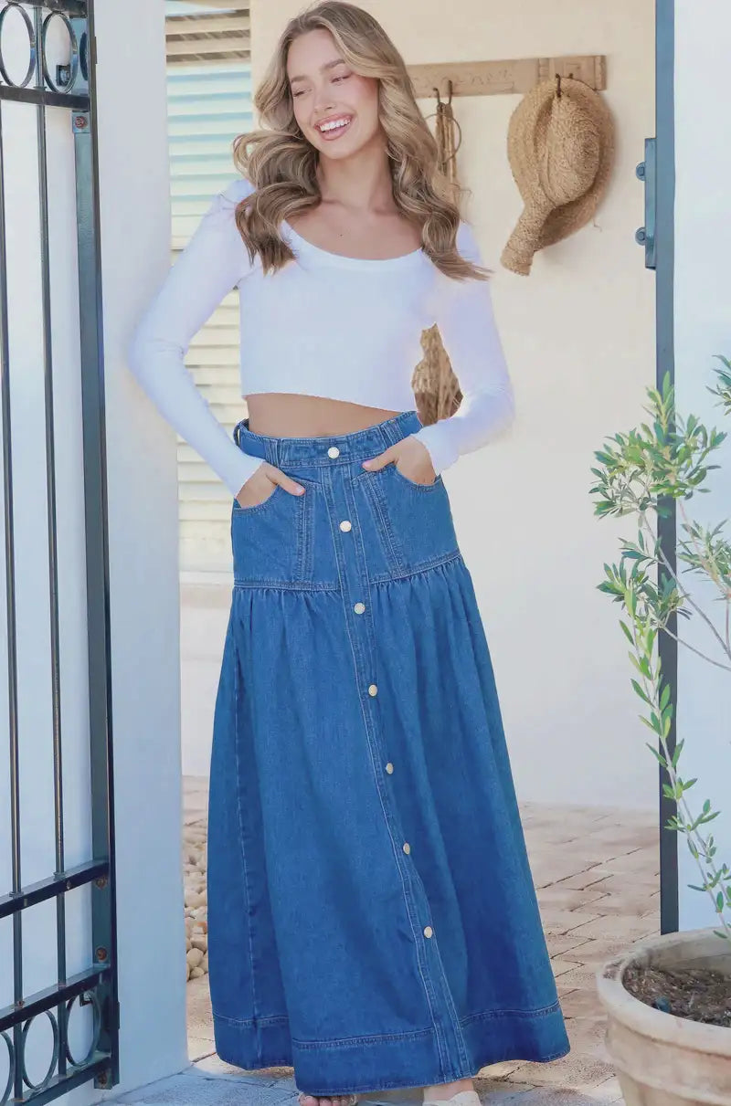 Kentucky Denim Button Front Maxi Skirt Mid Blue Kenzie Tenzie