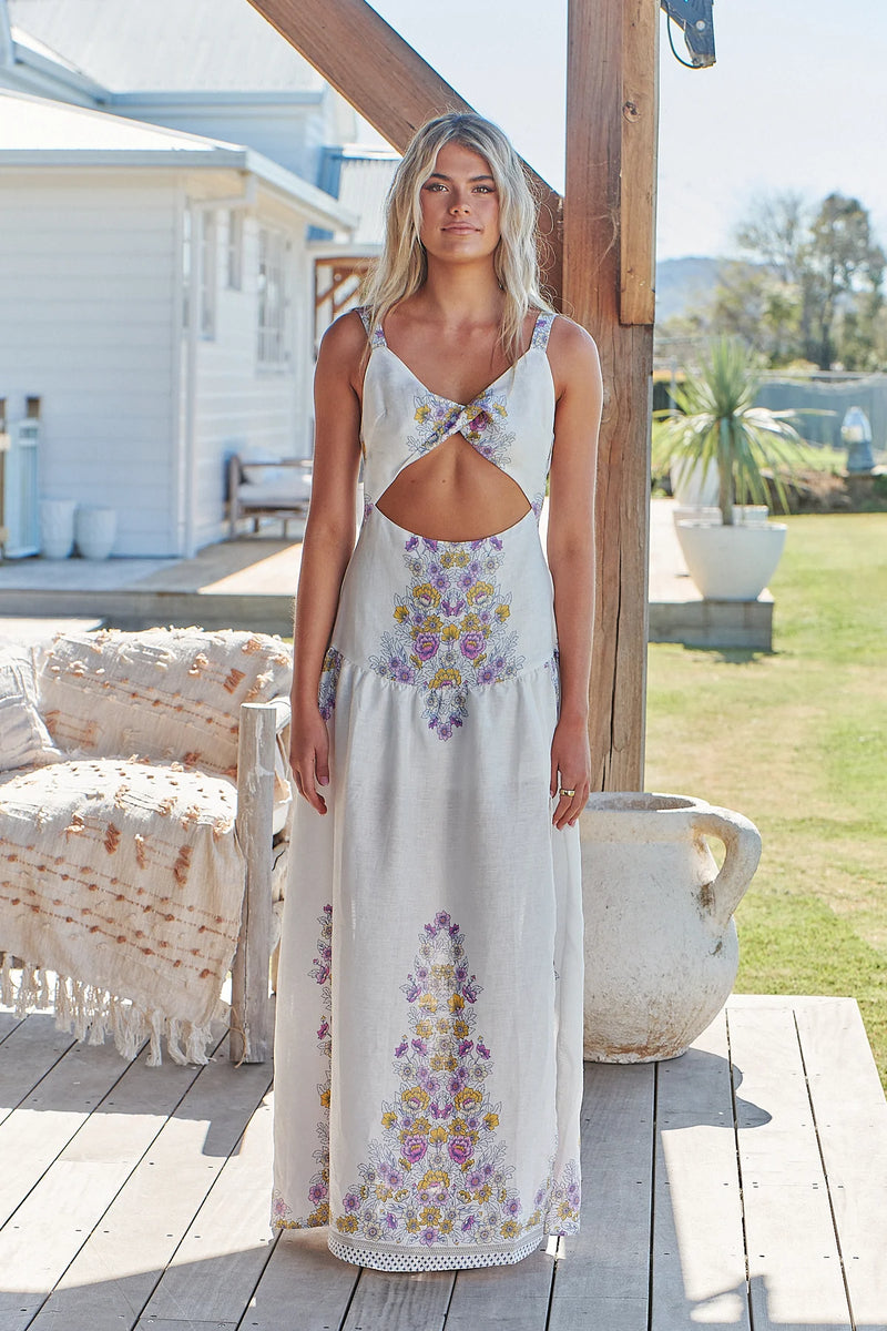 Bianca Linen Maxi Dress White Daylilies print