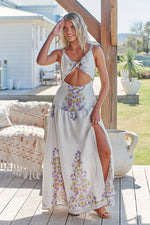 Bianca Linen Maxi Dress White Daylilies print