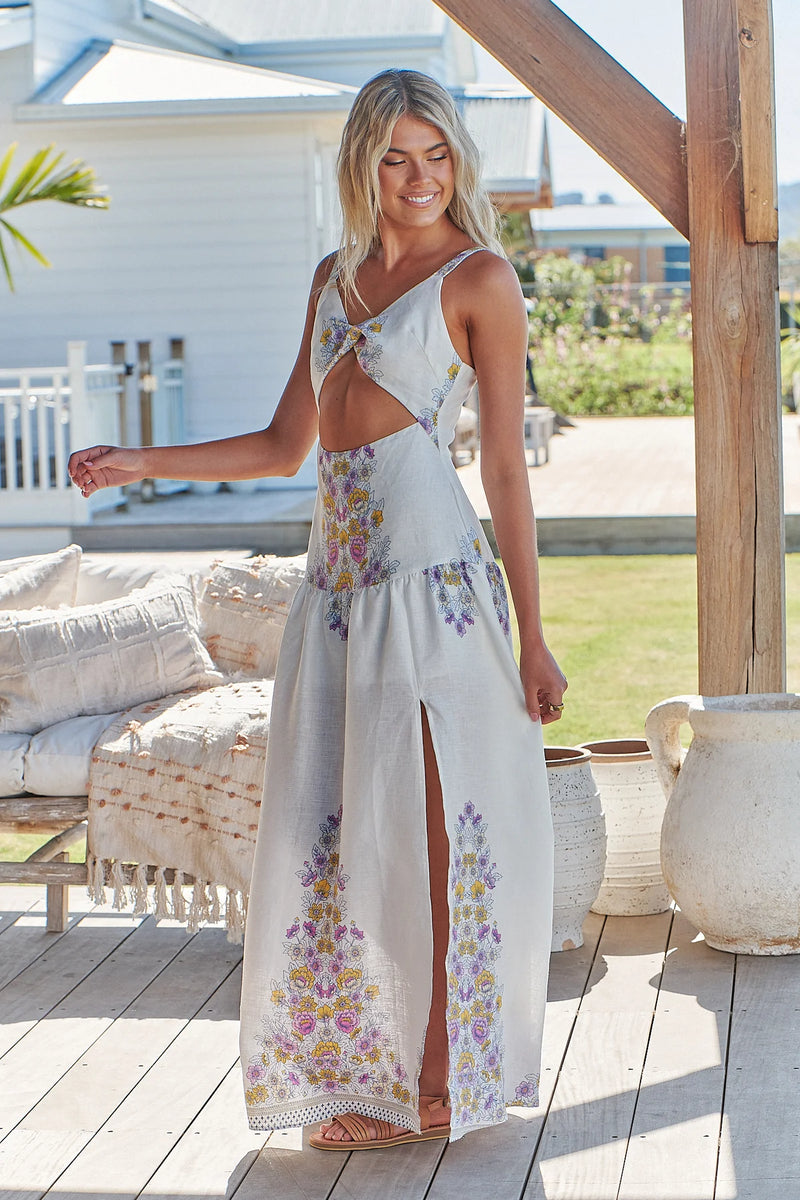 Bianca Linen Maxi Dress White Daylilies print