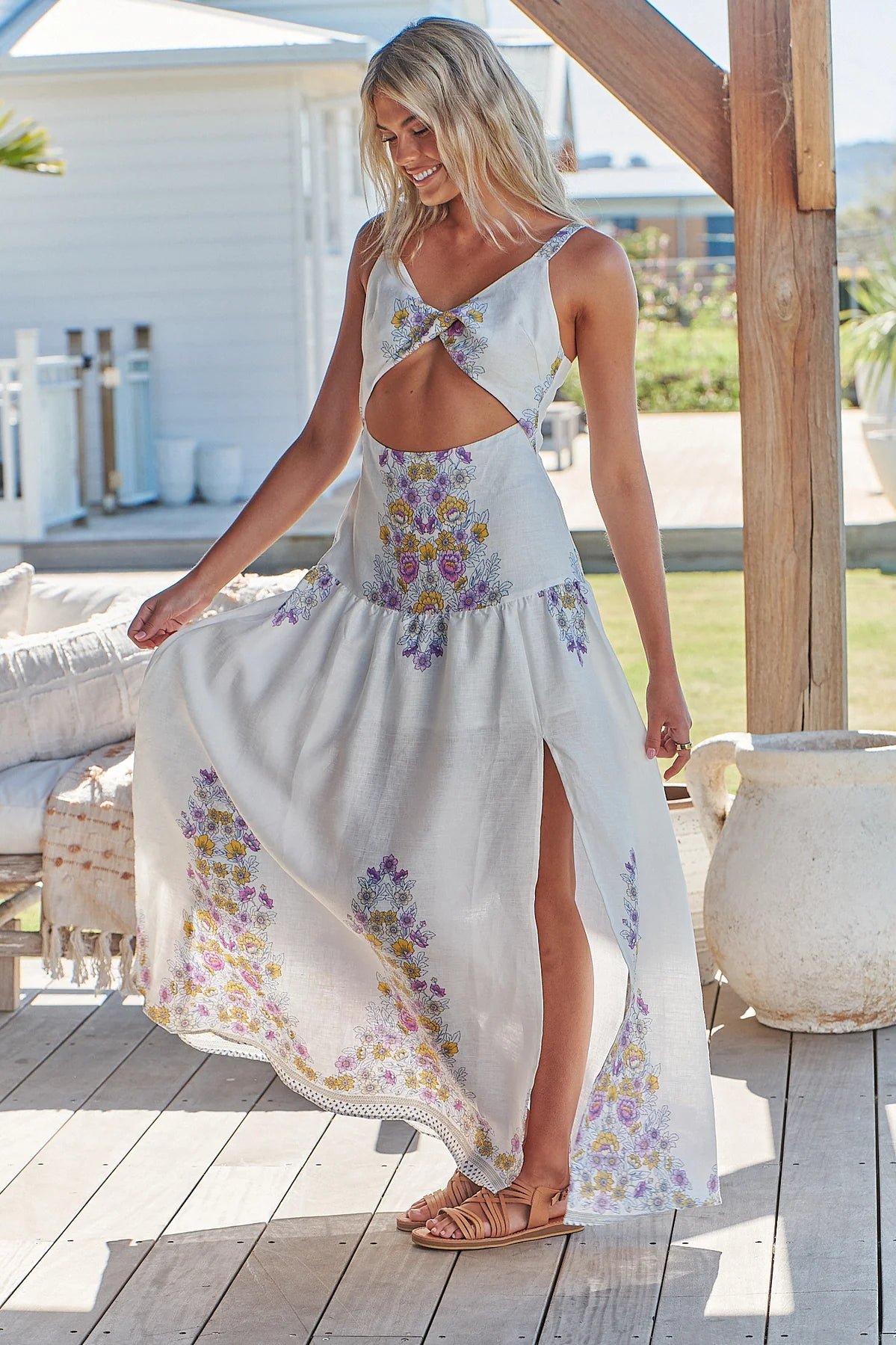 Bianca Linen Maxi Dress White Daylilies print