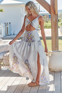 Bianca Linen Maxi Dress White Daylilies print