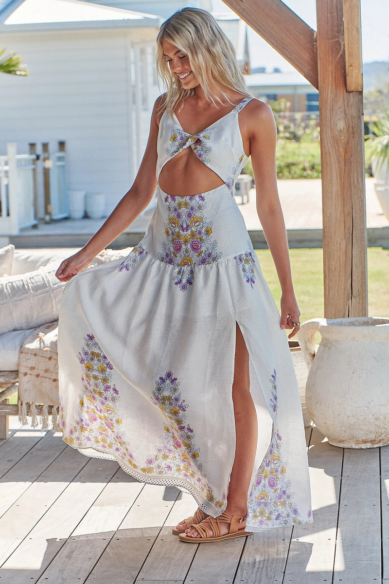 Bianca Linen Maxi Dress White Daylilies print