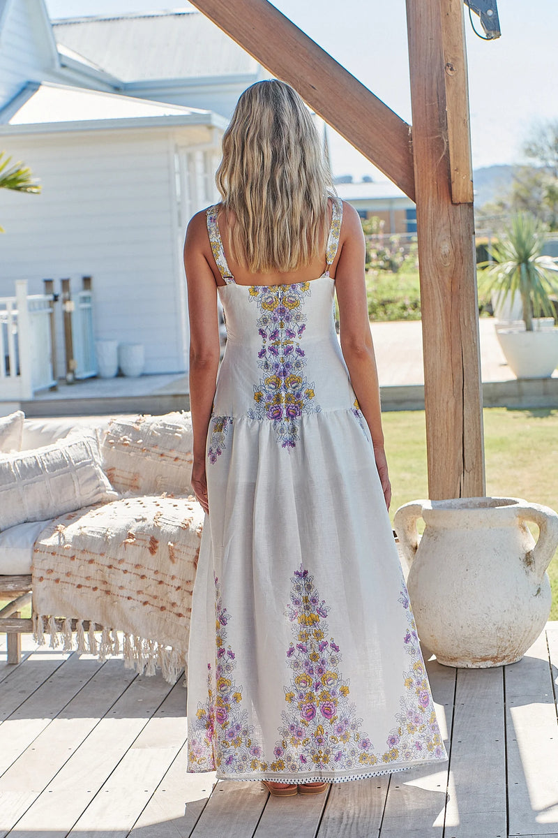 Bianca Linen Maxi Dress White Daylilies print