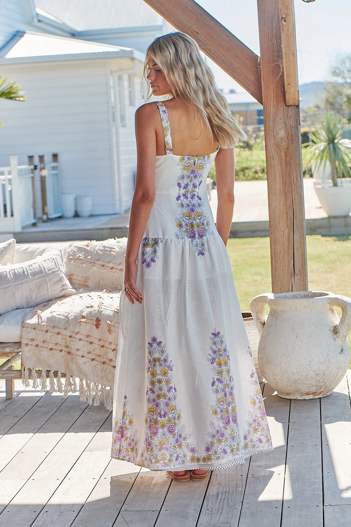 Bianca Linen Maxi Dress White Daylilies print