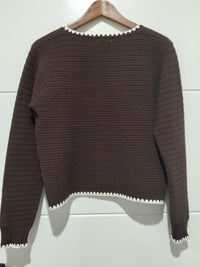 Praline Ribbed Blanket Stitch Cardi chocolate – flat lay back view