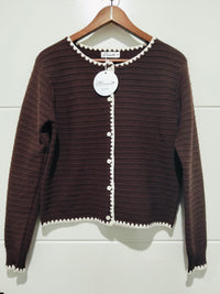 Praline Ribbed Blanket Stitch Cardi chocolate – flat lay front view