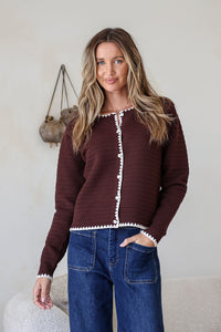 Praline Ribbed Blanket Stitch Cardi chocolate – model front view