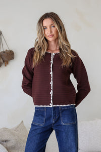 Praline Ribbed Blanket Stitch Cardi chocolate – model with arms behind back