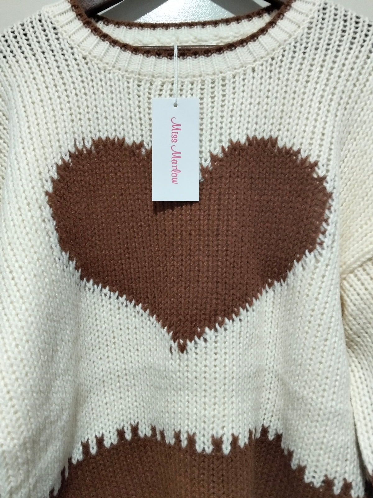 J'adore Heart Knit Jumper brown and cream – flat lay close-up of front showing heart pattern detail